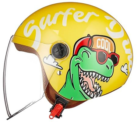 FREEUP Motorradhelm Kinder Mädchen Junge, Kid Jet Helm mit Visier, Dinosaurier Mofa Helm Kids Scooter Fahrradhelm, Schnellverschluss, Herausnehmbar, Waschbar, 48-55cm, Gelb
