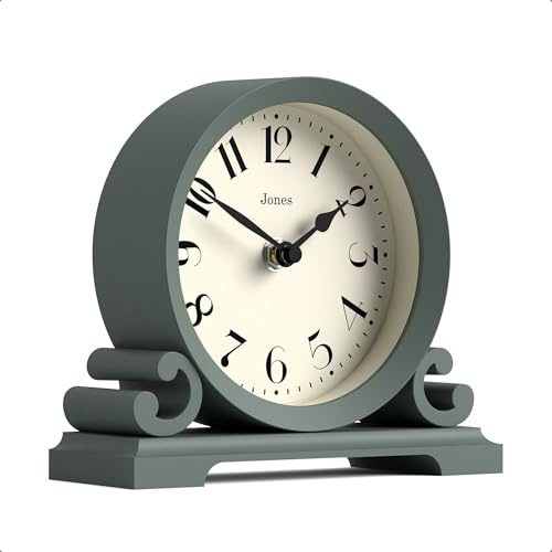 JONES CLOCKS® Saloon Kaminsimsuhr | Kleines traditionelles doppelscroll-Design | Grün | Zeitgenössischer klassischer Stil für Schreibtisch, Tisch, Regal oder nachttisch