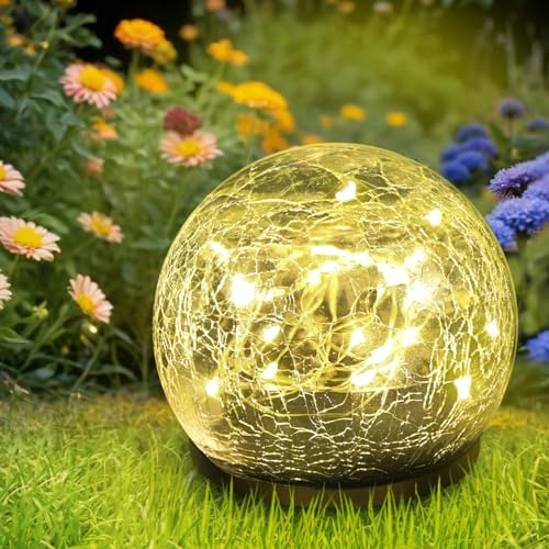 Anordsem Solarlampen für Außen Kugel Gartendeko: Wetterfest 12 cm Glaskugel-Lampe mit Sprung - Warmweiß Bodenleuchten Draußen Statue Balkon Deko - Geschenke Weihnachtsdeko für Frauen