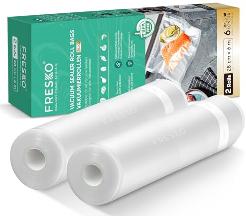 FRESKO Vakuumrollen 2 Rollen 28x600 cm Professionelle Folienbeutel | Größe für alle Vakuumiergeräte, BPA-frei, Geprägte Luftrillen, Sous-Vide-Gefrierbeutel