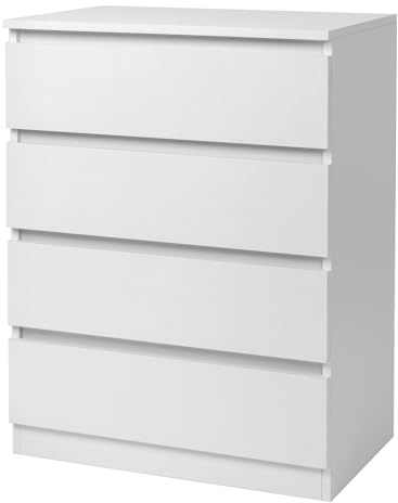 Bonnlo Kommode Weiß mit 4 Schubladen – Moderner, Stabiler Schubladenschrank, Sideboard, Nachttisch mit viel Stauraum aus P2-Holz, 60 x 38 x 78 cm, für Wohnzimmer, Schlafzimmer, Flur oder Büro
