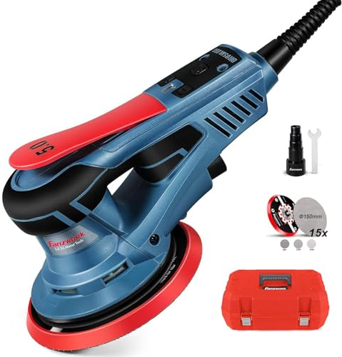 FANZWORK Bürstenloser Exzenterschleifer EZ150A mit Tragkoffer, 5mm Schleifhub,150mm Schleifteller, 350W Motor, 7-Stufige Drehzahlregelung, inkl.Tellerbremse, 15x Schleifgitter, 1x Ersatz-Schleifteller