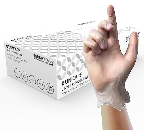 UNIGLOVES Unicare Vinyl - vielseitig einsetzbare Einweghandschuhe, puderfrei, latexfrei, mittlere Stärke - Box mit 100 Handschuhen, klar, Größe klein (GS0062)