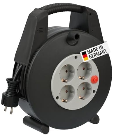 Brennenstuhl Vario Line Kabelbox 4-fach/Mini-Kabeltrommel (Indoor-Kabeltrommel für Haushalt, 15m Kabel, Made in Germany) schwarz/grau