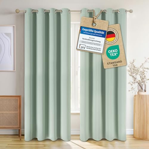 Blumtal Verdunklungsvorhänge 2er Set - Thermovorhang Hitzeschutz - Vorhang Blickdicht mit Ösen - Gardinenschals mit Schlaufen - Lärmschutzvorhang - Gardinen 215x132 cm - Gardinen Blickdicht - Grün