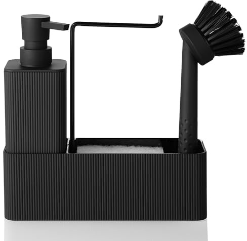 Spülmittelspender Küche Schwarz mit Seifenspender Spülbürste Schwamm Spültuchhalter, Seifenspender Küche Set, Spülbecken Organizer Schmal für Küchen Bad (Schwarz)