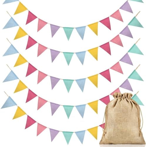 Alintor 5 Stück Wimpelkette Outdoor mit Jutesack, Girlande Einschulung | Wetterfest, für Regenbogen Deko, Luftschlangen, Matschküche, Spielhaus, Spielturm, Baumhaus, Festival Zubehör