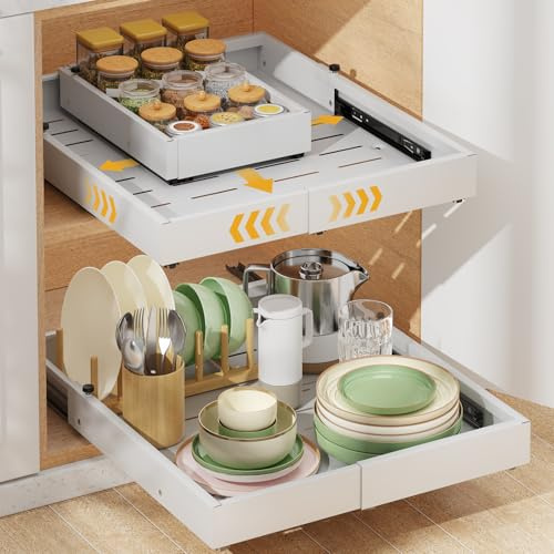 Housolution 2 Stück Ausziehbare Schublade Küche, Verstellbare Breite von 30cm bis 50cm, Tiefe von 40cm bis 55cm, Teleskopschublade Schrank Organizer Ausziehbar für Küchenschrank
