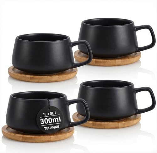 TELANKS 4er Set Kaffeetassen Cappuccinotassen 300 ml mit Untertassen | Hält lange warm dank dickwandigem Steingut, stapelbar & spülmaschinenfest, große Kaffeetassen mit Henkel, Geschenkbox