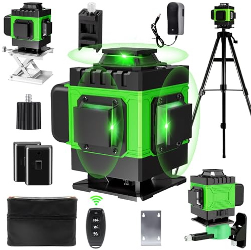 Kreuzlinienlaser mit Stativ, IP54 16 Linien 4 x 360 ° Laser Level Wasserwaage, Automatische Nivellierung, mit 1.25M Verlängerungsstangen-Stativ, Fernbedienung, 2 * 2400 Akkus, für Bau, Fliesenlegen