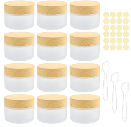 12 Stück 10ml Mattierter Glastiegel Leere Cremedosen mit Spatel Etikett | Kleine Glas Behälter Creme Döschen Salbentiegel zum Befüllen mit Holzdeckel für Lotion Kosmetik Lippenbalsam Reisebehälter