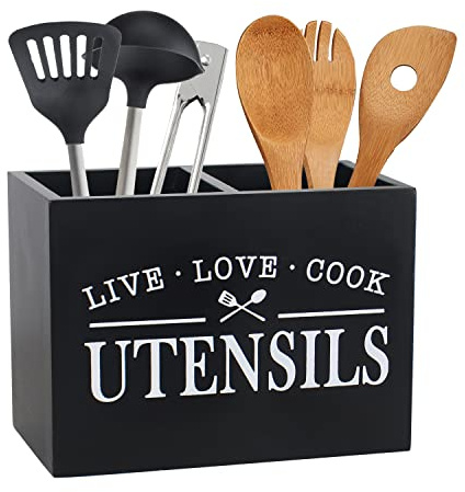 Karisky Küchenutensilienhalter mit abnehmbarem Boden, groß, 2 Fächer, Utensilien-Organizer, Bauernhaus-Utensilien-Caddy für Arbeitsplatte, 22,9 x 17,8 x 12,7 cm, Schwarz