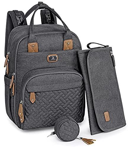Dikaslon Wickeltasche Rucksack – Großer Wickelrucksack mit viel Stauraum, Wickeltasche groß mit Schnullerhalter, Wickelauflage & Kinderwagengurten – für Mama & Papa (Dunkelgrau, Einheitsgröße)