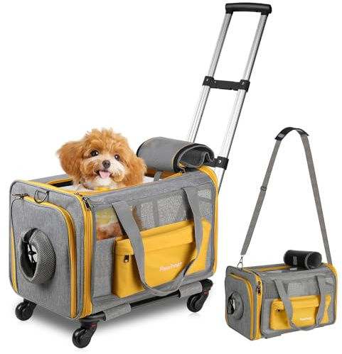 Pawinner Transportbox Katze Hunde mit Rollen, Faltbar, bis 9 Kg, 45x33x33cm | Stabile Katzentransportbox für Auto & Flugzeug, Hundebox mit Mehrere Belüftungsöffnungen, PP-Bodenplatte,Tragegriffen,Taschen