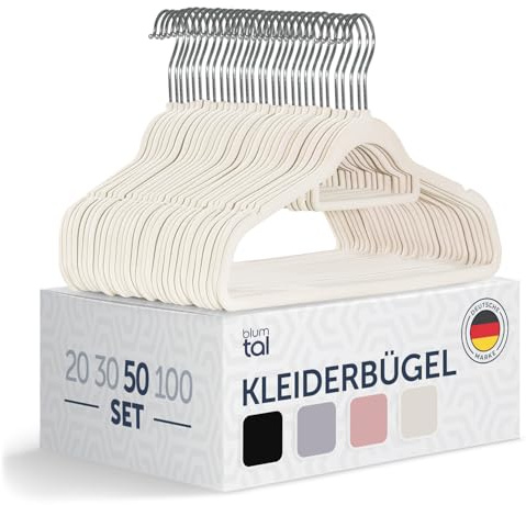 Blumtal Kleiderbügel 50 Stück - Kleiderbügel Samt 360° drehbar und belastbar - Kleiderbügel platzsparend und rutschfest - Kleiderbügel Weiß mit Samtbezug - Samtbügel/Velvet Hangers - Hemdenbügel Weiß