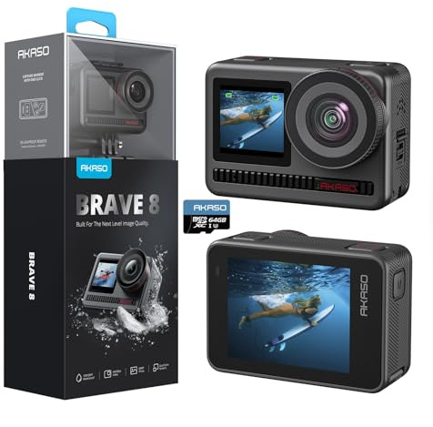 AKASO Action Cam 4K60FPS 48MP WiFi Unterwasserkamera mit SuperSmooth Stabilisierung, Touchscreen, 150° Weitwinkel, 60M Wasserdicht Kamera mit 8X Zoom, 16x Slo-mo, 2x1550mAh Akkus- Brave 8