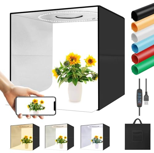 MSKIRA Lichtbox 40 cm Schießzelt für Fotografie, 40,6 cm Fotografie-Lichtbox-Set, tragbare Fotostudio-Box, 40,6 x 40,6 cm mit PVC-Hintergründen in 6 Farben, 3 Lichtmodi