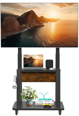 Rollbarer TV-Ständer mit Stoffschublade für 32-75 Zoll Flach/Curved-Bildschirme bis 100 kg LCD/LED/OLED höhenverstellbar mobilm mit Rollen für Zuhause Büro und den Außenbereich, max. VESA 600 x 400mm