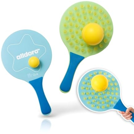 alldoro 60070 Sticky Beachball-Set - 2in1 Strandspiel mit 2 ergonomischen Schlägern + 2 Bällen, einseitig mit Saugnäpfen zum Fangen