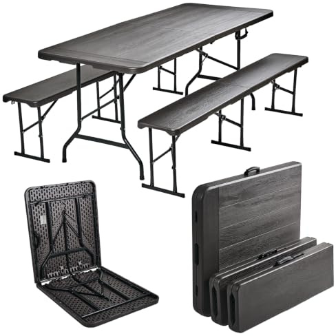 TRUTZHOLM Bierzeltgarnitur in Grauer Holzoptik Festzeltgarnitur 180x75cm klappbar Gartenmöbelset 2 Bierbänke 1 Tisch Campingbedarf Gartenparty Balkon Garnitur