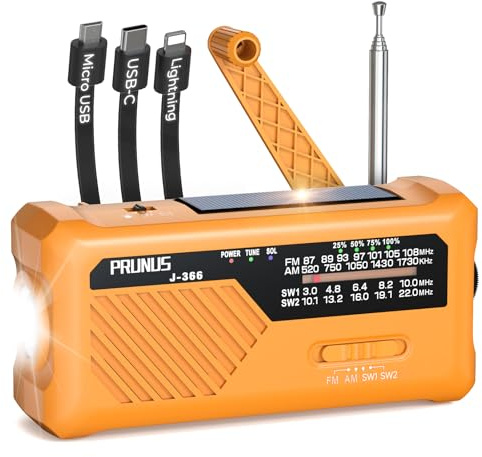 PRUNUS J-366 FM/AM/SW Kurbelradio Notfall Weltempfänger, Radio Batteriebetrieben oder 2000mAh Akku, 3-in-1 Ladekabel, Notfallradio mit Taschenlampe/SOS Alarm/Handyladefunktion für Ourdoor, Blackout