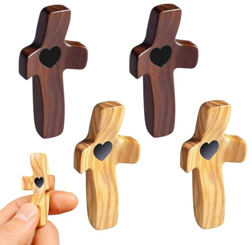 4 Stück 5 x 2.5 cm Geschnitztes Holzkreuz, Handschmeichler Holzkreuz mit Herzen, Handgeschnitztes Liebeskreuz aus Holz mit Herzen, Geschnitztes Handschmeichler, für Gebet, Meditation und Entspannung