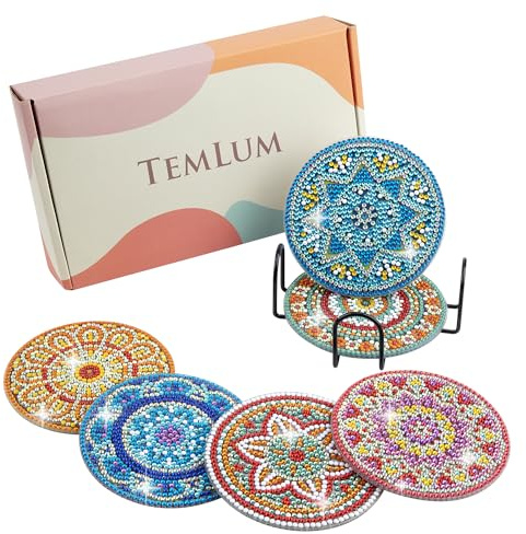 Temlum Diamond Painting Untersetzer mit Halter, 6er Set Diamond Painting für Erwachsene und Anfänger DIY Untersetzer Diamant Painting Set Basteln Erwachsene(Mandala)
