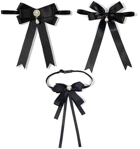 JWRHUH Krawatte Damen Schwarz 3er Set, Vorgebundene Fliege Damen & Elegante Schleife für Bluse, Verstellbare Damenkrawatte aus Satin, JK Uniform Accessoires für Cosplay, Party, Business & Kostüm
