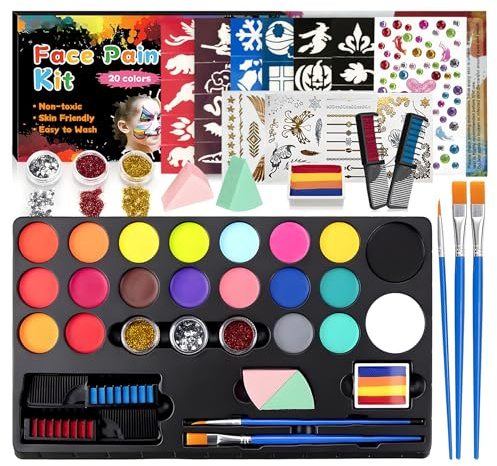 Xynovate 20 Farben Professionelle Gesichts und Körperbemalung Palette, Wasserbasierte Hautschminke, Theater- & Event Make-up für Halloween, Fasching und Karneval