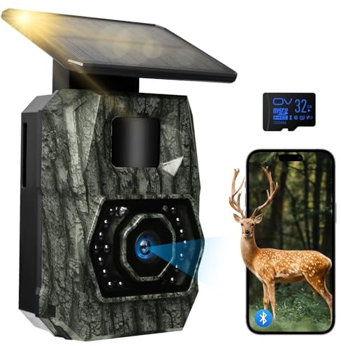 Wildkamera WLAN mit Handyübertragung App, 4K 64MPWildkamera Solar mit Akku 5200mAh Wildtierkamera mit Bewegungsmelder Nachtsicht 0,1s Auslösezeit Wildtierkamera Bluetooth Nachtsichtkamera, IP66