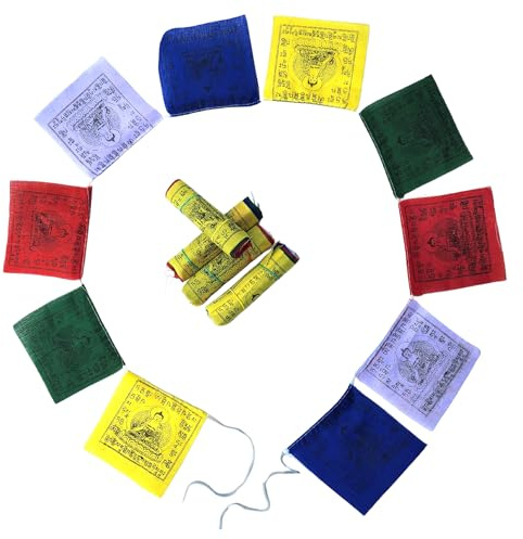 Mini Tibetische Gebetsfahnen - 5 Packungen Mini-Gebetsfahnenschnüre, 10 Flaggen pro Schnur, handbedruckte Baumwolle, traditionelles Blockdesign, handgefertigt in Nepal