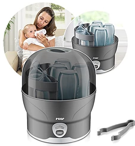 reer Vapomat S Vaporisator | Babyflaschen Dampfsterilisator für bis zu 6 Flaschen, Desinfektion von Babyfläschchen, Schnullern, Beißringen und Zubehör in nur 10 Minuten, ohne Chemikalien