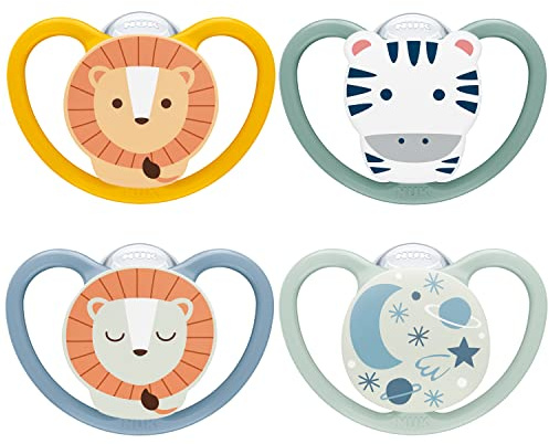 NUK Space Day & Night Babyschnuller | 6-18 Monate | Im Dunkeln leuchtende Schnuller mit zusätzlichen Öffnungen für sensible Haut | BPA-freies Silikon | Zebra & Löwe | 4 Stück