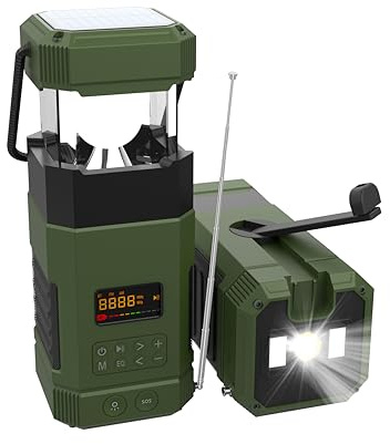 Wiederaufladbare LED Campinglampe, 3 Lichtmodi, IP65 wasserdichter Bluetooth Lautsprecher, 5000mah AM UKW Kurbelradio mit Handyladefunktion Solar, Taschenlampe, Stroboskoplicht, SOS Alarm