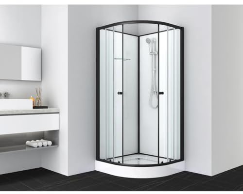 Home36 SANOTECHNIK Komplettduschkabine BELA 2 Schwarz 90×90×203 cm – All-in-One Komplettdusche | 4 mm ESG-Sicherheitsglas, Einhebelmischer, Handbrause, Glasablage, Eck-Schiebetür, PS13B