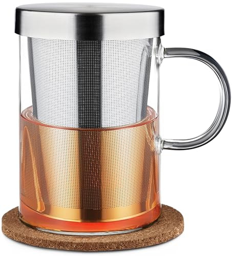 Cosumy Teetasse mit Deckel und Sieb - Teeglas mit Sieb, Henkel & Untersetzer 400ml - Teebecher Groß aus Borosilikat Glas - Feinmaschiger Filter - Geschenk für Teetrinker - Teezubereiter