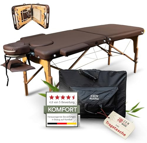 Zen Basic III Flat Massageliege klappbar & Mobile Massagetisch aus Holz, stabile Massagebett - Massagebank höhenverstelbar, Kosmetikliege - Behandlungsliege mit Kopfteil, Armstütze & Tasche (Braun)