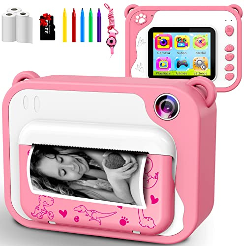 KinderKamera,DigitalKamera Sofortbildkamera Print 1080P 2.4 Zoll Bildschirm Videokamera Schwarzweiß Fotokamera mit 32GB Karte 3 Rollen Druckpapier 5 Farben Pinselstift Geschenk für Kinder 3-12 Jahren