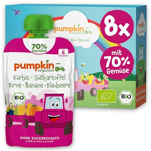 Pumpkin Organics Bio Gemüse-Quetschie mit Blaubeere ohne Zuckerzusatz¹ 8x | Bio Gemüse-Quetschie mit 70% Gemüse und weniger Fruchtzucker, ab 6 Monaten; idealer Beikost- bis Schulsnack