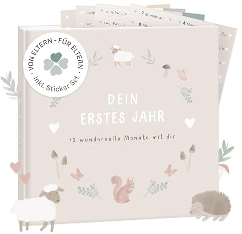 mintkind® Mein erstes Jahr Babyalbum Wald – liebevoll gestaltetes Babytagebuch mit 176 Seiten und Sticker-Set für warme Erinnerungen im ersten Lebensjahr, Hardcover 21 x 21 cm