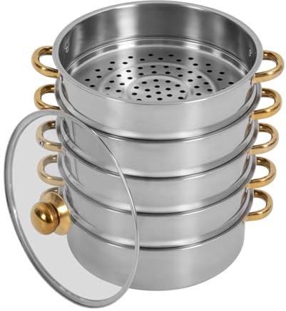 5-Etagen Dampfgarer | Edelstahl-Dampfkochtöpfe mit Glasabdeckung | Kochgeschirr-Dampfkochtöpfe für alle Herdarten, Couscous Topf (30cm)
