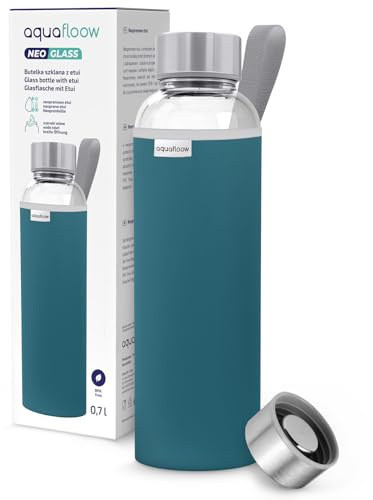 Aquafloow Wasserflasche aus Glas 700 ml mit Neoprenhülle, Transparente trinkflasche Glas mit Bambusdeckel | Ideal flasche für Büro, Outdoor, Schule, für Kohlensäurehaltige Getränke – Dunkelblau