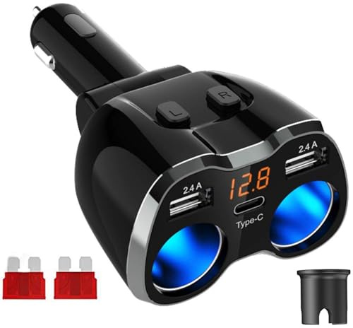 USB C Auto Ladegerät Zigarettenanzünder Verteiler Adapter Splitter Typ C KFZ Ladegerät 2 Fach Steckdose 12V/24V DC 120W mit LED 12V/24V DC 120W LED Voltmeter Schalter Dual USB Port (Silber)
