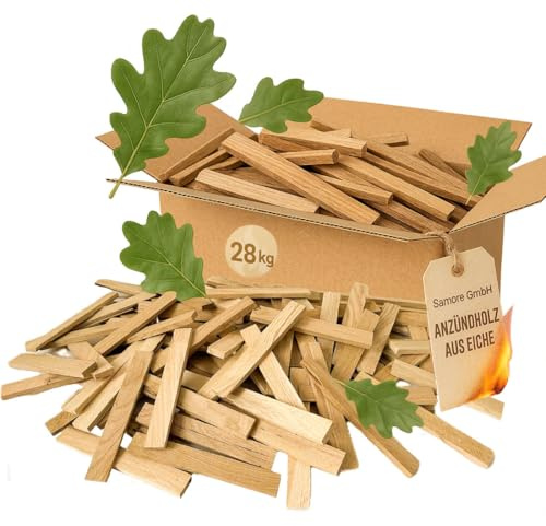 Samore Premium Anzündholz 28 kg Anfeuerholz Anmachholz Brennholz aus Eichenholz, Bio Kaminholz Ofenholz Smoker Grill BBQ trocken ofenfertig, getrocknet und unbehandelter Grillanzünder