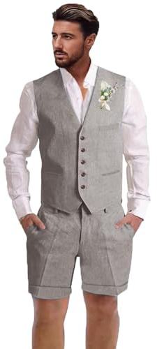Dsteng Herren-Leinenanzug, 2-teilig, kurze Anzüge für Herren, lässig, Sommer, Strand, Hochzeit, Anzug, Leinenweste, Shorts-Set