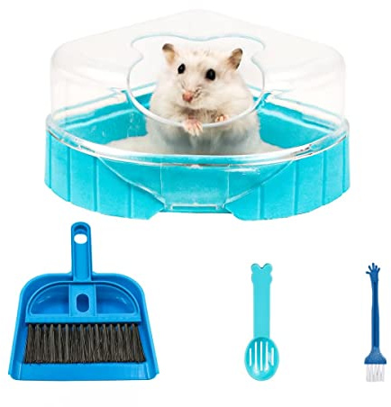 Reyshin Sandbad Set für Hamster, Hamster Ecktoilette mit Dach Hamster Klo Hamster Badezimmer Badewanne inkl. Sandschaufel und Mini Besen Set für Hamster Rennmaus Mäuse (Blau)