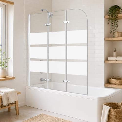 Vigevee Duschwand für Badewanne 120 x 140 cm, faltbare 3-teilige Glas Duschtrennwand, 6 mm ESG Sicherheitsglas, Badewannenaufsatz mit weißen Streifen, Silber Rahmen