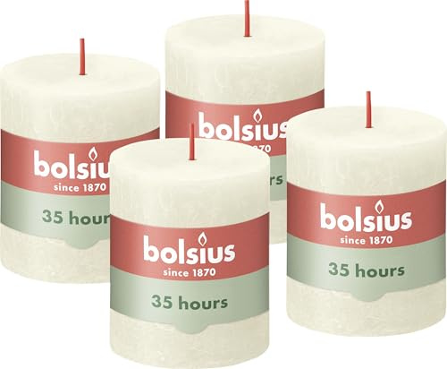 Bolsius Rustik Stumpenkerzen - Weiß - 4 Stück - 8 x 7 cm - Länge Brenndauer 35 Stunden - Unparfümierte - Natürliches Pflanzenwachs - Ohne Palmöl