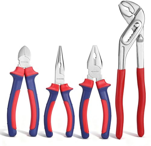 WORKPRO Zangen Set Haushalt, 4tlg. Zangensatz, Kombizange Spitzzange Seitenschneider Wasserpumpenzange, für Heimwerker und Profis