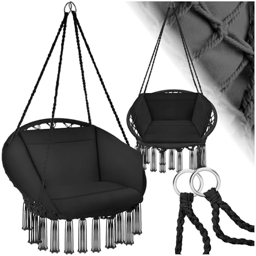 tectake 800708 Hängesessel zum Aufhängen, Indoor und Outdoor, Ø Sitzfläche: ca. 60 cm, robuste Konstruktion, inkl. großem weichem Kissen - Diverse Farben - (Schwarz | Nr. 403203)